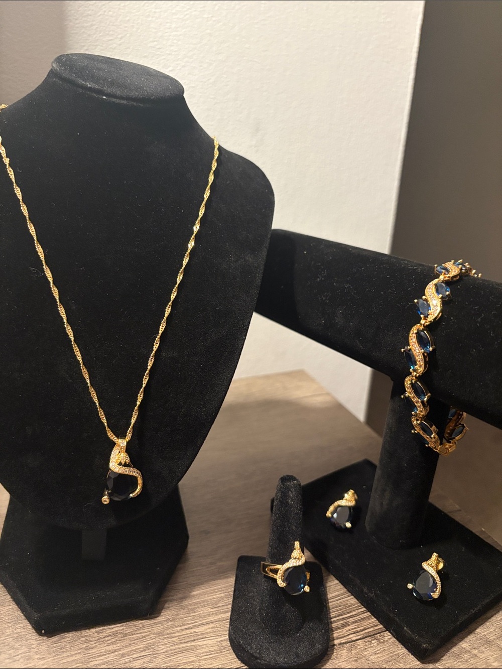 Gold-tone Necklace, Bracelet & Earring Set with Dark Blue Stones